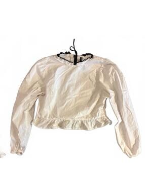 NWOT H&M White Long Sleeve Blouse with Black Lace Trim - Size Large